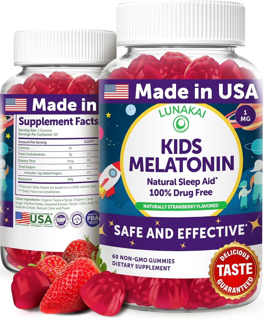 Lunakai USA fait enfants Mélatonine Gommies 1mg - Safe & Natural Sleep Aid for Children 2+ - Non-OGM, végétalien, sans gluten - 60 comtes