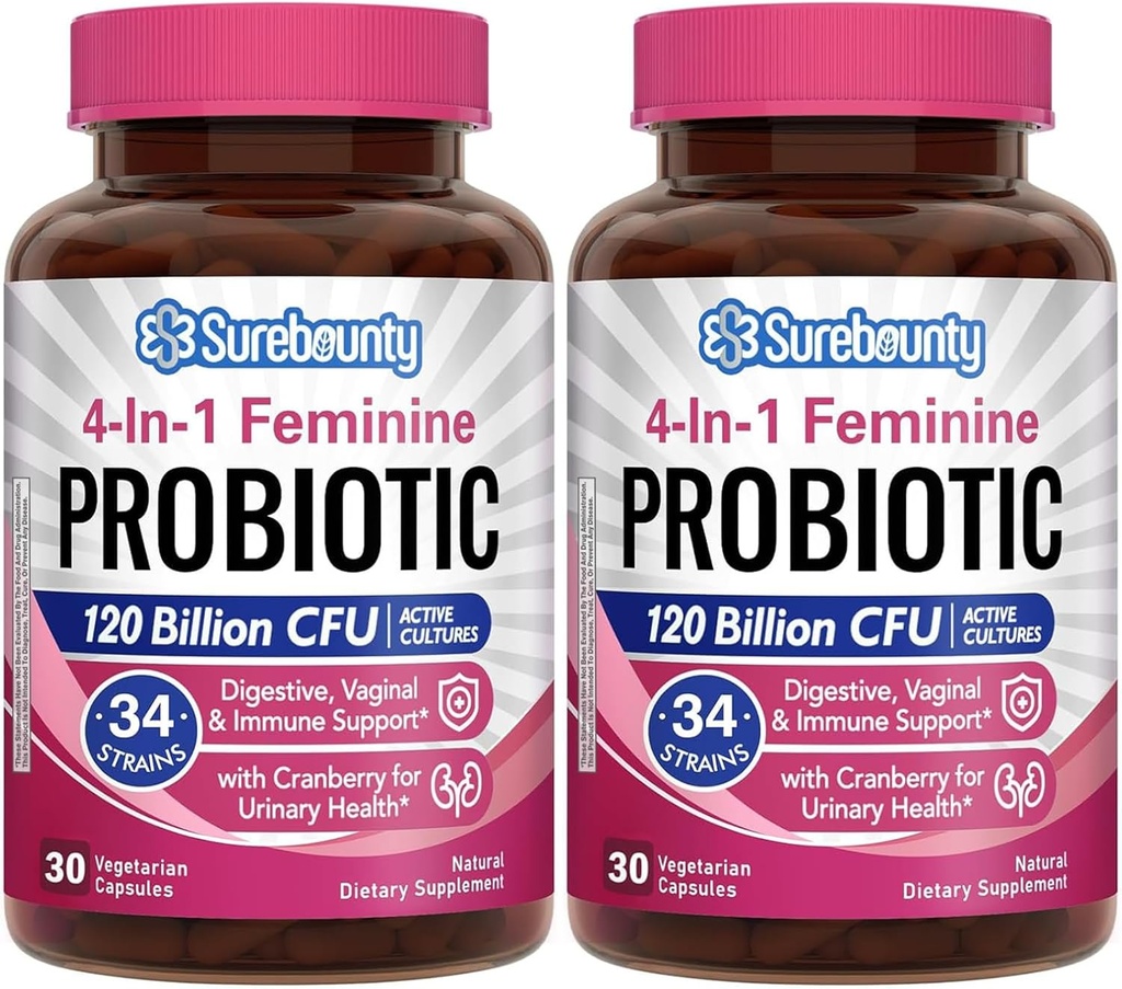 Probiotics for Women, 120 Billion CFU 34 Strains, Prebiotics, Digestive Enzymes, Cranberry, 4-in-1 Feminine Probiotic, Digestive, Vaginal, Immune Support, 60ct (Pack of 2)