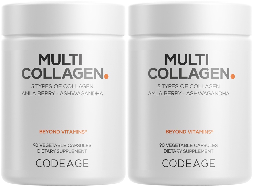 Codeage Multi Collagen Capsules – 5 tipi di collagene I, II, III, V & X – Proteine a base di erba idrolizzata con Ashwagandha, Amla e Vitamine - 2-Pack