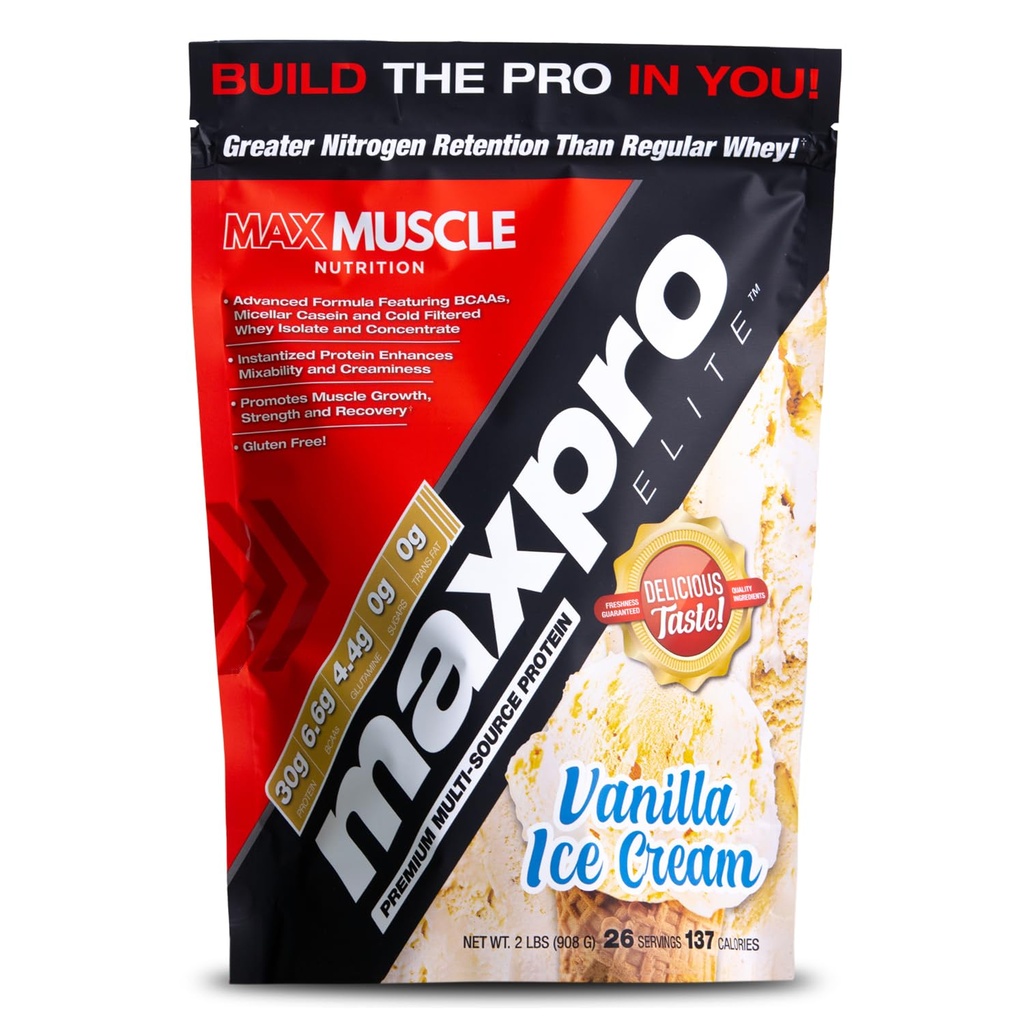 Max Muscle Maxpro Elite Whey Protein Powder | 30g Protein | 0g Sugar | 6.6g BCAAs | Micellar Casein filtrato a freddo Whey Isolate Protein | promuove la crescita e il recupero del muscolo (Vanilla Ice Cream 2lb)
