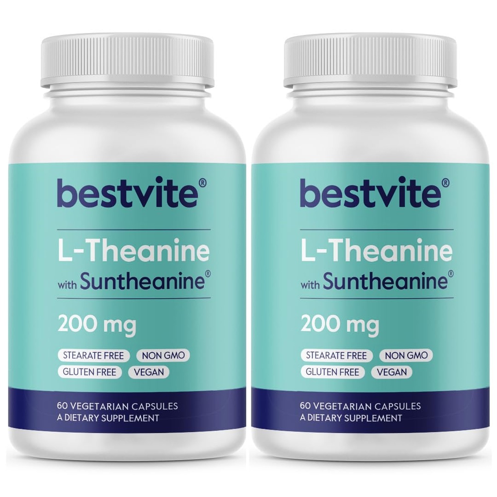 BESTVITE Double Strength Suntheanine L-Theanine 200mg – Patentiert & Klinisch studiert – 120 Vegetarische Kapseln (2 x 60) – Vegan – Keine Stearaten – Non GMO – Glutenfrei – Entspannungsunterstützung