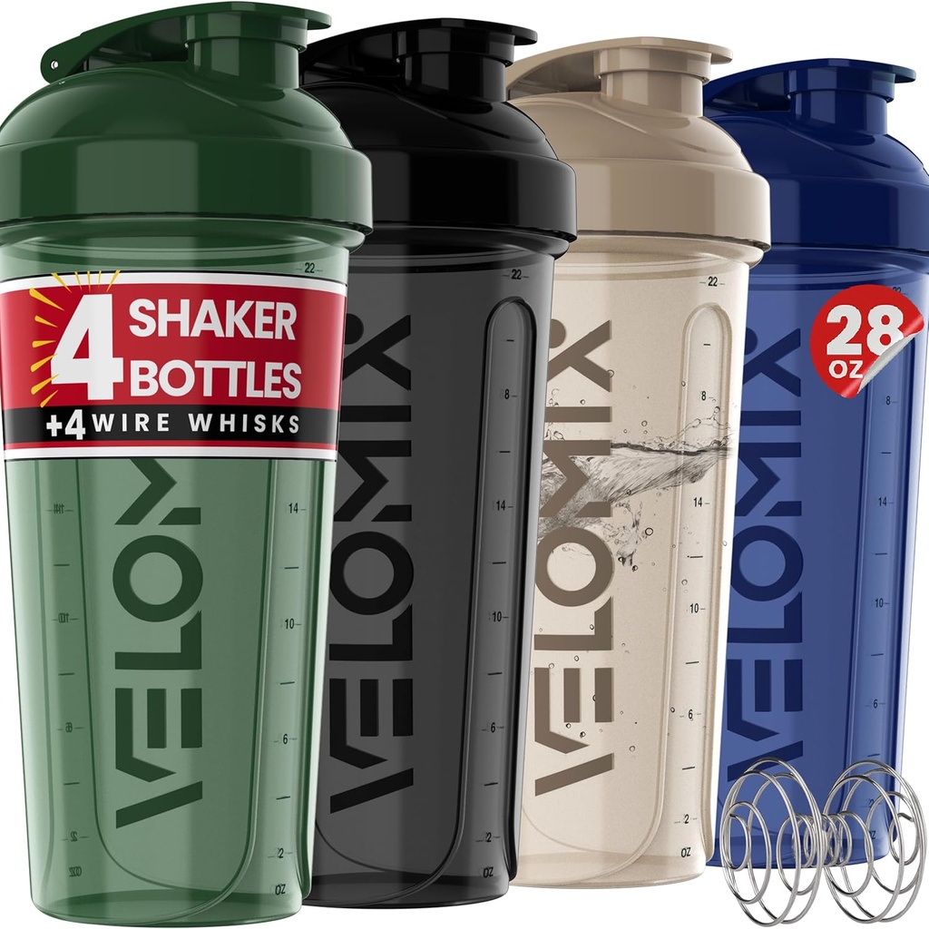 VELOMIX -4 PACK- 28 oz Bouteilles Shaker pour Secouer Protéines - 4x Wire Whisk.
