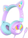iClever Kinder Kopfhörer USB C, LED Light Up, 85dBA Safe Volume, Stereo Sound Kleinkind Kopfhörer für Reiseschule, Kinder Kopfhörer mit Cord für iPad Tablets, Meow Lollipop-Purple