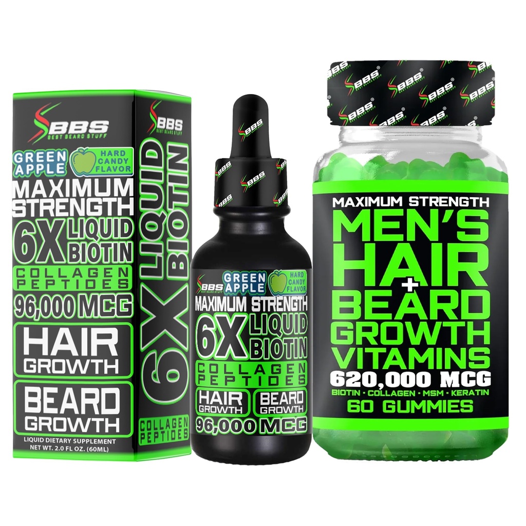 Bart Growth Kit w/ 6X Liquid BIOTIN Supplement mit Collagen Peptides + 620.000mcg 14-in-1 BIOTIN Gummis/Beard Growth Vitamins & Haarwachstum Vitamine für Männer - Formuliert in Amerika