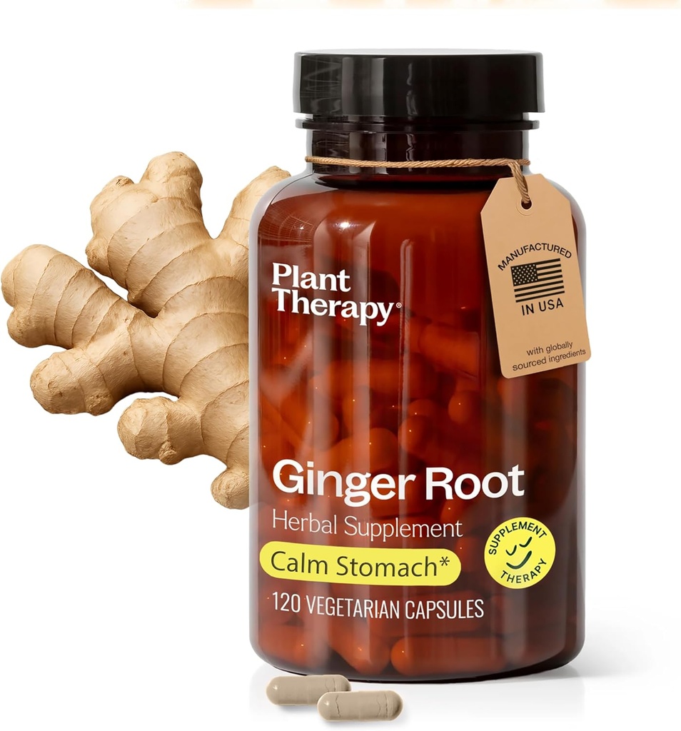 Plant Therapy Ginger Root Capsules Manufactured in USA 4 Month Supply Calms Upset Stomachs, Supports Digestive Immune Health, Potent Extract Supplements for Women & Men 120 Vegetarian Capsule