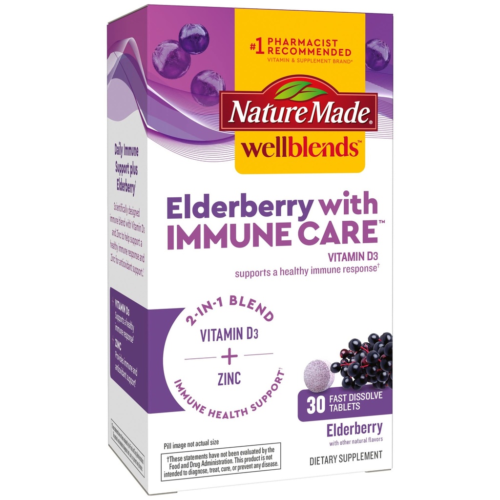 Natur Made Wellblends Elderberry mit ImmuneCare, Vitamin D3 und Zink, mit Elderberry Flavor, 30 Fast Dissolve Tablets