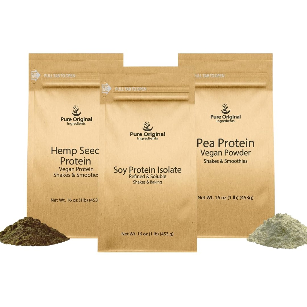 PURE ORIGINAL INGREDIENTI Pea Protein Powder, Soia Protein Powder e Canapa Seed Protein Powder Bundle, 1 lb Ogni, Soothies & Shakes, Vegan