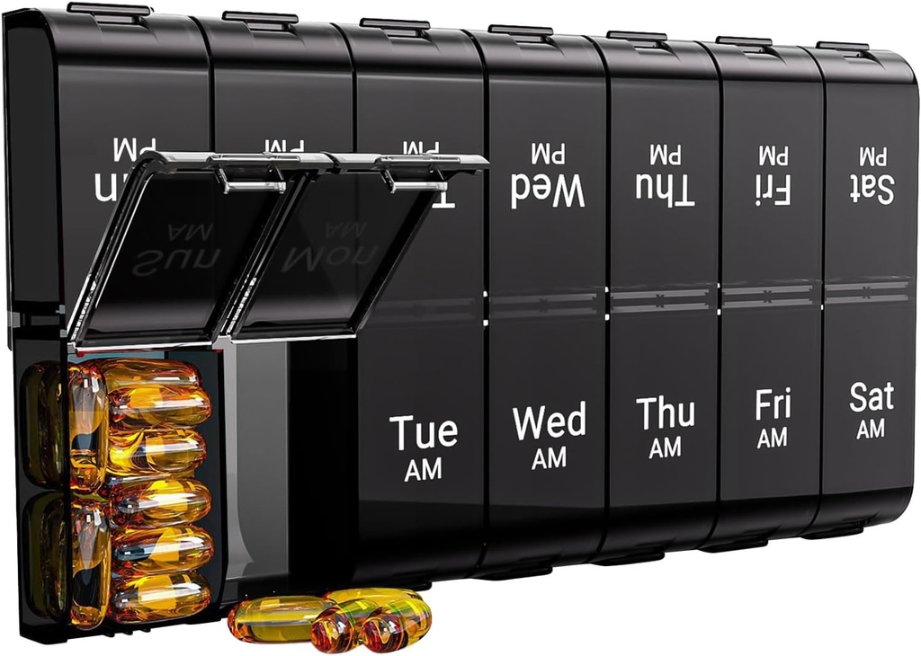 Organizzatore di pillole extra grande di 7 giorni 2 volte al giorno, scatola di pillole settimanali due volte al giorno, XL PM caso di pillole, organizzatore di medicina quotidiana di grandi dimensioni per la vitamina, grande contenitore di pillole (nero)