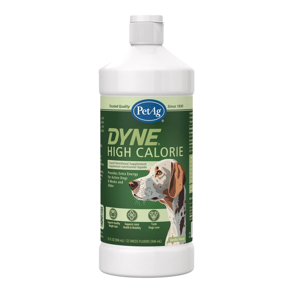 PetAg Dyne High Calorie Liquid Nahrungsergänzungsmittel für Hunde & Welpen 8 Wochen und älter - 32 oz - Unterstützt Leistung und Ausdauer - Sweet Vanilla Flavor