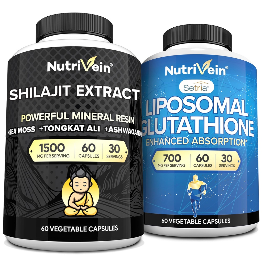 Nutrivein Premium Shilajit Kapseln & Liposomal Glutathion Ergänzung Bundle: High-Absorption Glutathione Liposomal & Shilajit Kapseln für Männer & Frauen - Leber, Detox, & Vitalität