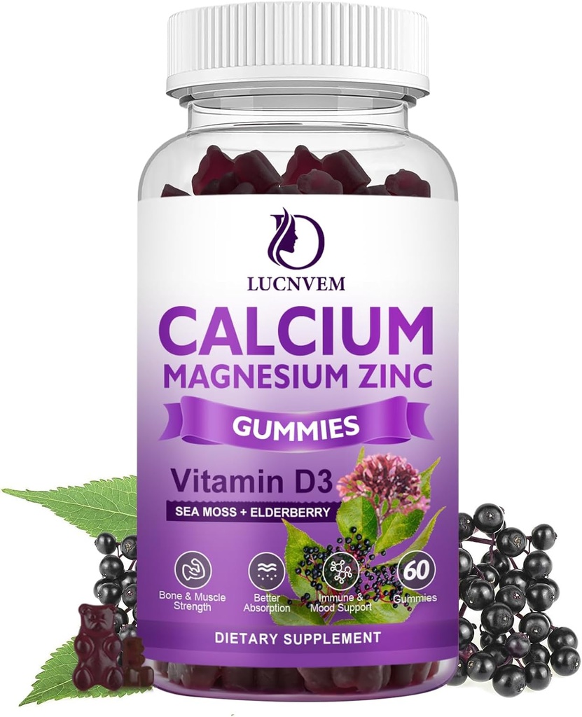 Sugar Free Calcium Magnesium Zinc Gummies with Elderberry and Sea Moss, Calcium Magnesium 2:1, Magnesium Glycinate, Potassium and Vitamin D3 for Bones, Muscles, Calm Mood & Sleep Support, 60 Gummies