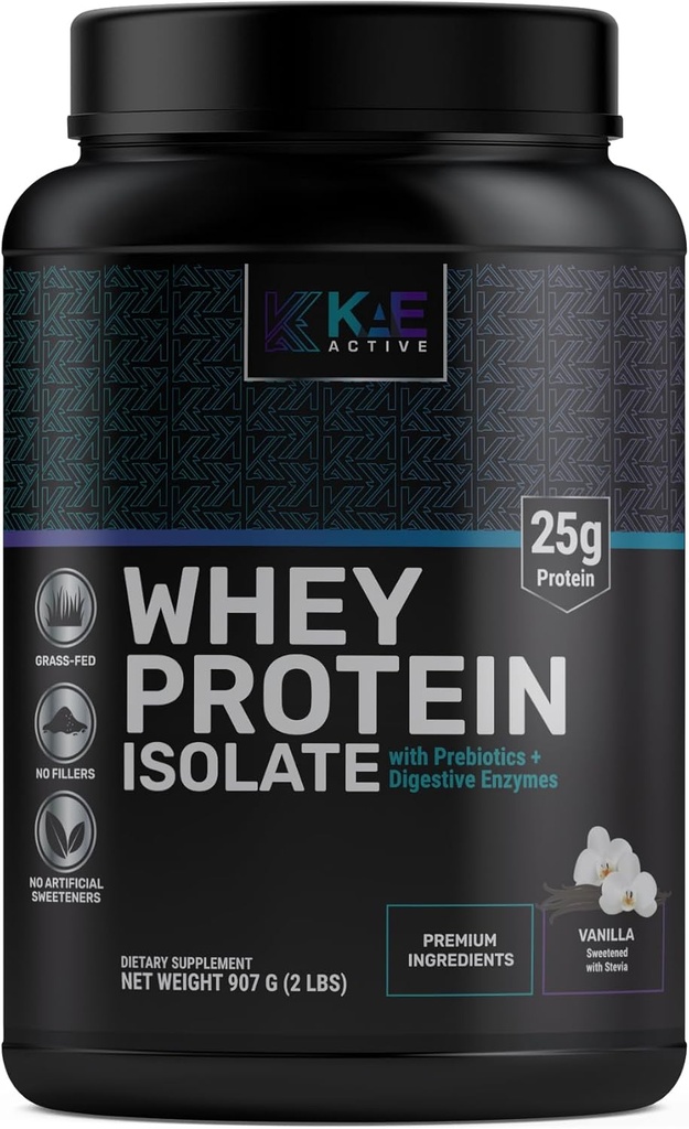 KAE Active Easily Digestible Vanilla Grass-Fed Whey Protein Isolate Powder. Saubere Formel mit nur 5 Inhaltsstoffen. 25g Protein.