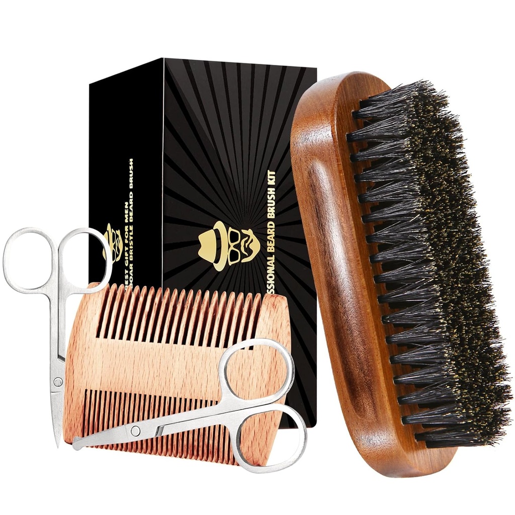 Sosoon Boar Bristle Beard Grooming Set für Herren - Rechteckige Bürste, Comb, 2 Schnur Scissors, Reisetasche