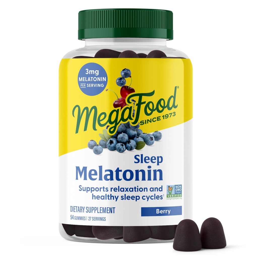MegaFood Melatonin Gummies - Melatonin 3mg pro Portion, um sich zu entspannen und einzuschlafen - Schlafgummies für Erwachsene - Beerengeschmack, nicht gentechnisch verändert, zertifiziert vegan - 54 Zählung (27 Portionen)