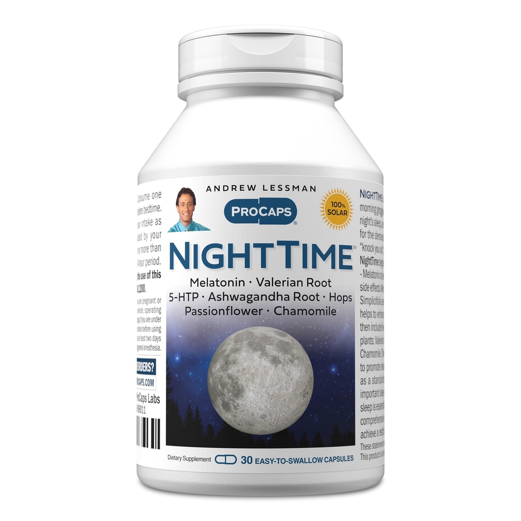 ANDREW LESSMAN Night Time 30 Capsules - 3mg Melatonine, Valérien, Ashwagandha, Passionflower, Hops, Chamomile. Pas de groggie du matin. Soutien naturel, sommeil doux et reposant. Capsules faciles à avaler