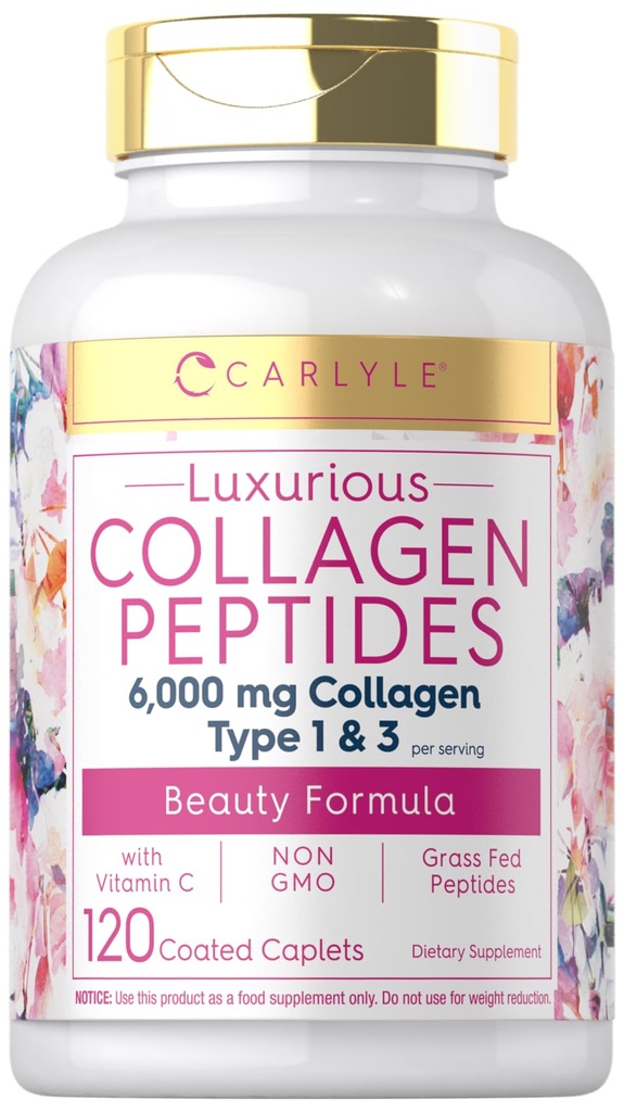 Collage Carlyle con Vitamina C | 6000mg | 120 Caplets | Pillole Multi Collagen Peptide | Tipo 1 e 3 | Non OGM, Gluten Free, Grass Fed