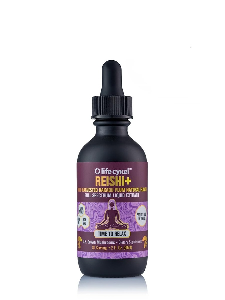 Life Cykel - Reishi Estratto di funghi w/Kakadu Plum- Adaptogen per l'aiuto al sonno, Rilassamento e supporto cellulare- Funghi organici al 100%, Antiossidanti Vitamina C, 2oz (Packaging May Vary)