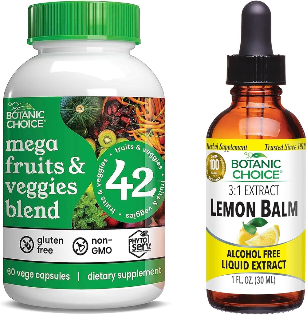 Choix botanique Mega Fruits et légumes Mélange (60 capsules) + Teinture de baume de citron (1 fl oz) Bundle - Équilibre énergétique et supplément super-alimentaire + Relaxation et soutien du sommeil