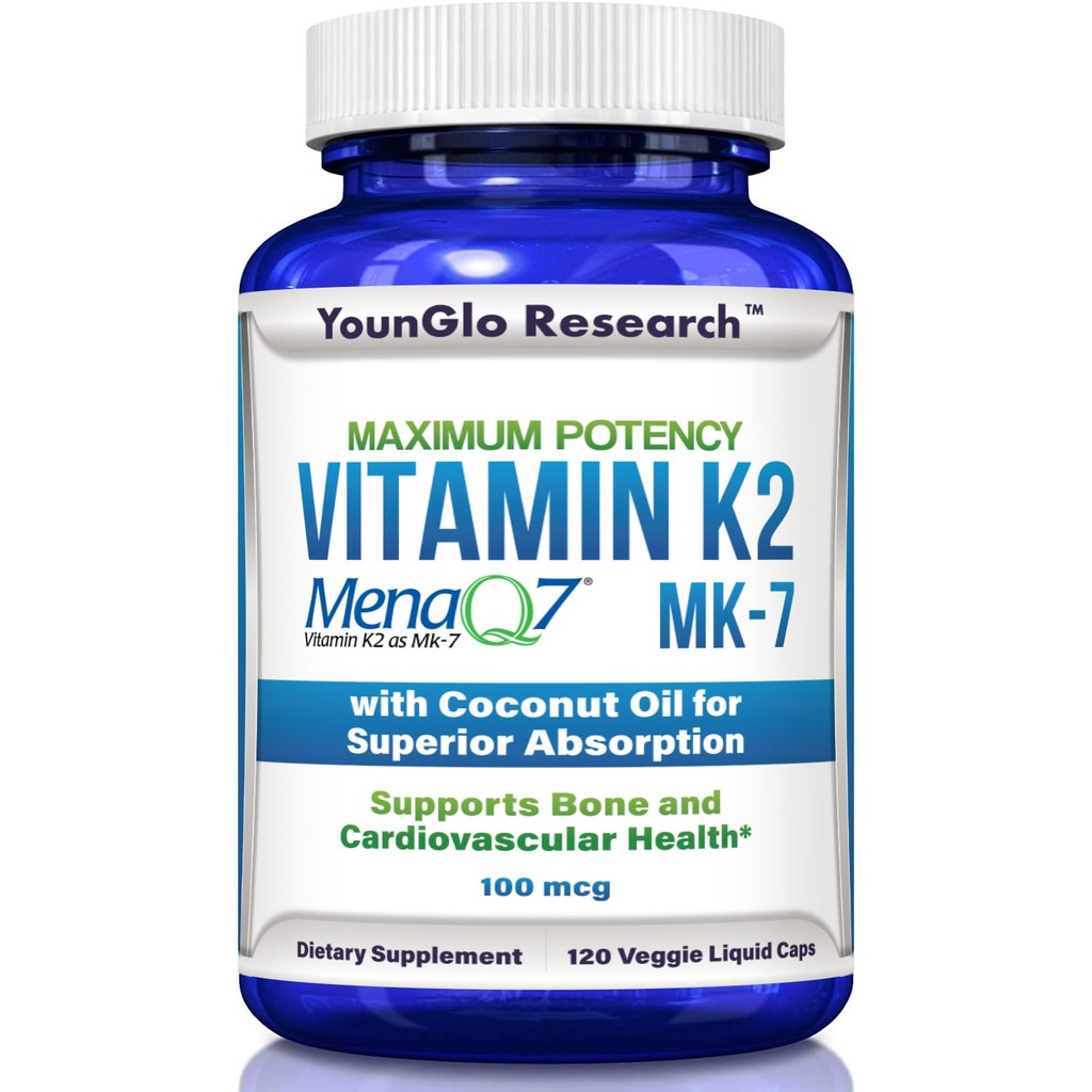 Vitamina K2 MK7 (MenaQ7) 100 mcg w/Coconut olio per l'assorbimento superiore, supplemento di salute alimentare, 120 capsule liquide vegane per sostenere la resistenza e la densità di ossa per le donne e gli uomini adulti