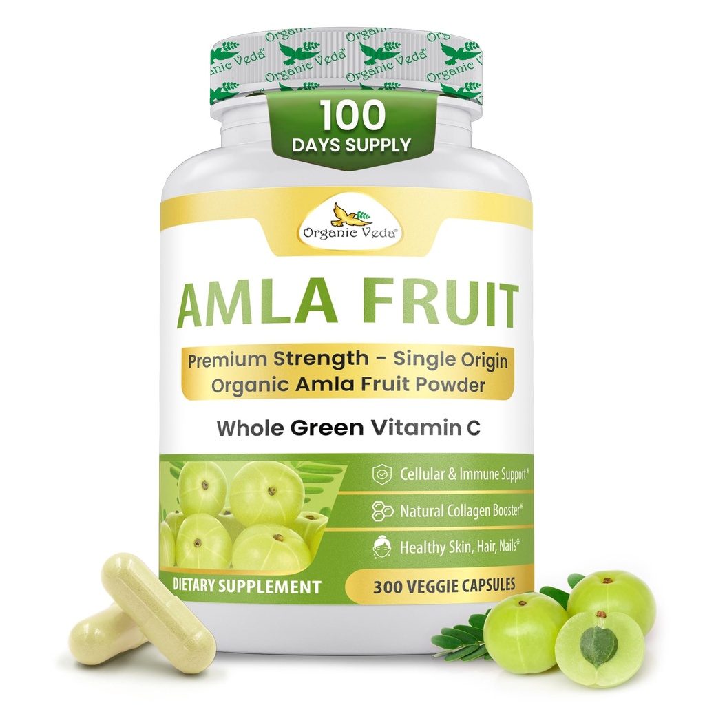 Capsule Veda Amla Organici - 1500mg, 300 Capsule Polvere di Amla di Frutta Organica - Vitamina C Naturale per Immunità, Radianza Pelle, Antiossidanti - Vegan, Non OGM, Integratori di Vitamina C