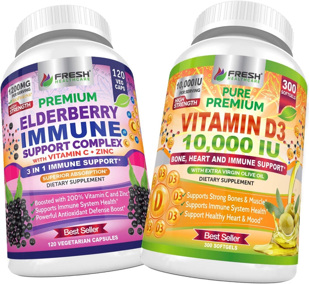 FRESH HEALTHCARE Elderberry Immununterstützung und Vitamin D3 10.000 IU - Bundle