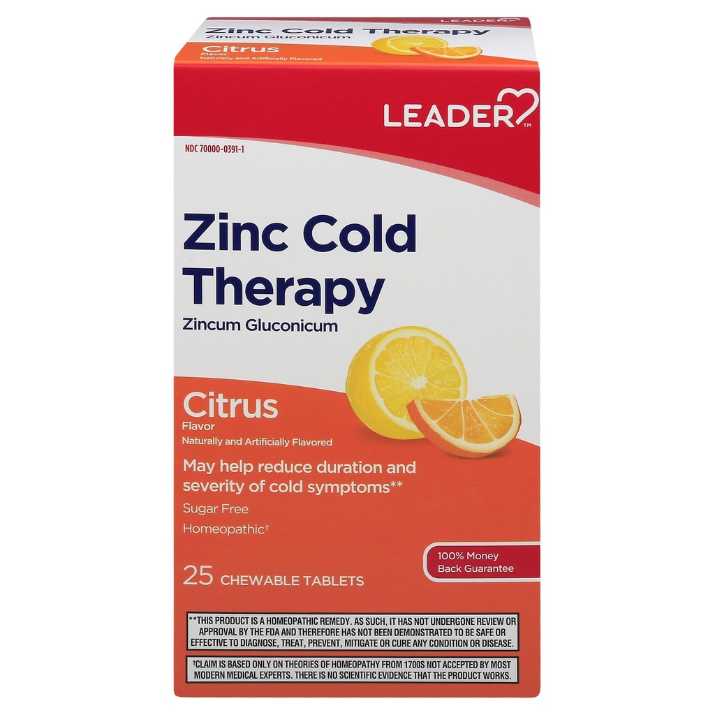 LEADER Zink-Kalttherapie Kautabletten, nicht-Drowsy Homeopathic Zink-Ergänzung, Reduziert Dauer und Schwere von kalten Symptomen, Fast Acting Cold Remedy, Citrus Flavor, Sugar Free, 25 Count
