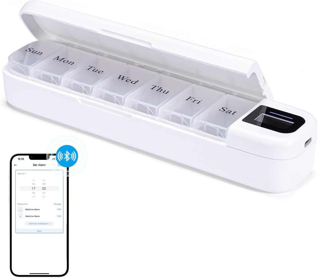 Odaro Smart Weekly Pill Organizer con allarme - Bluetooth Pill Dispenser 7 giorno, Vitamins Pill Box Reminder per anziani (bianco)