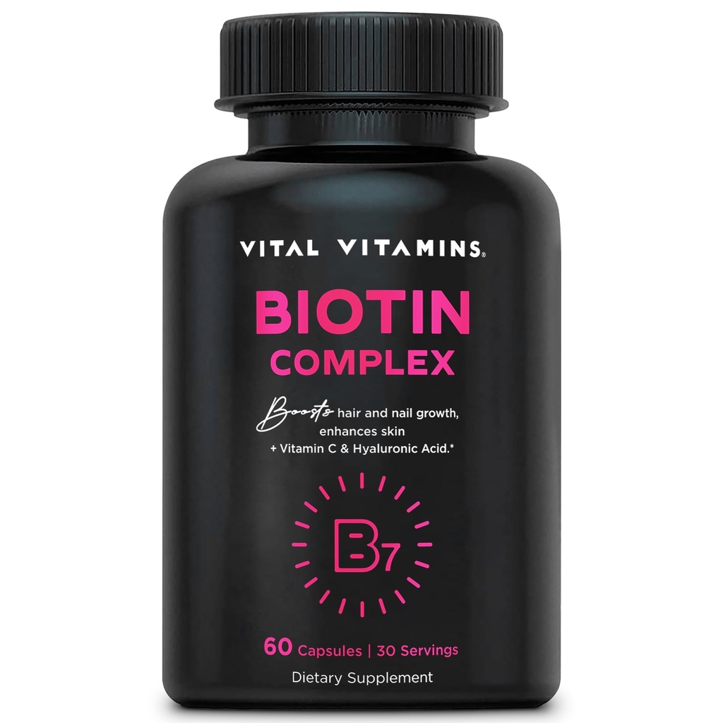 Vitamines vitales Pilules complexes de biotine - avec acide hyaluronique, MSM, collagène et vitamine C - Supplément pour cheveux, peau et ongles - 60 Capsules