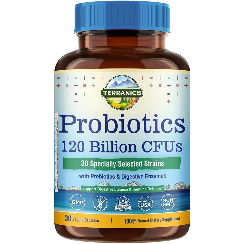 Terranics Probiotics 120 Billion mit Präbiotika & Digestive Enzyme, 30 getestete Strains, vollständige Verdauung & Immununterstützung, Non-GMO, NO Soy, Dairy & Gluten, für Männer und Frauen, 30 Veggie Kapseln