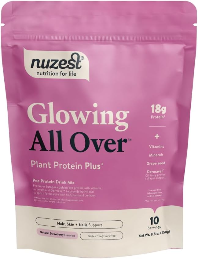 Nuzest Protein Plus | Glowing All Over | Strawberry | Supporto per capelli sani, pelle, unghie e produzione di collagene | Vitamine e minerali | 8.8oz/ 250g (10 Serve)