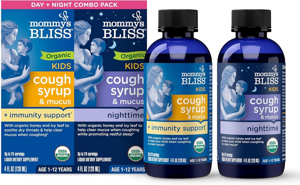Bliss Organic Cough Syrup & Mucus per bambini, giorno e notte Combo Pack con vitamina C e supporto immunità, contiene miele organico e foglie d'edera, 4 Fl Oz (Pack of 2)