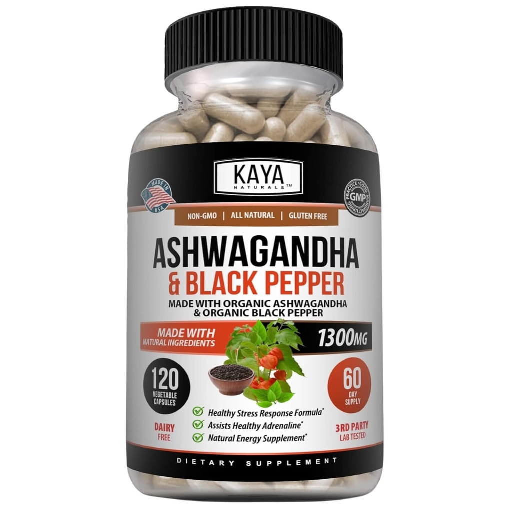 Kaya Naturals Ashwagandha 1300mg, 120 Count Capsules for Stress Relief, Adrenal, Mood & Schilddrüse Unterstützung, Schwarzer Pfeffer und 100% reine Ashwagandha -120 Kapseln