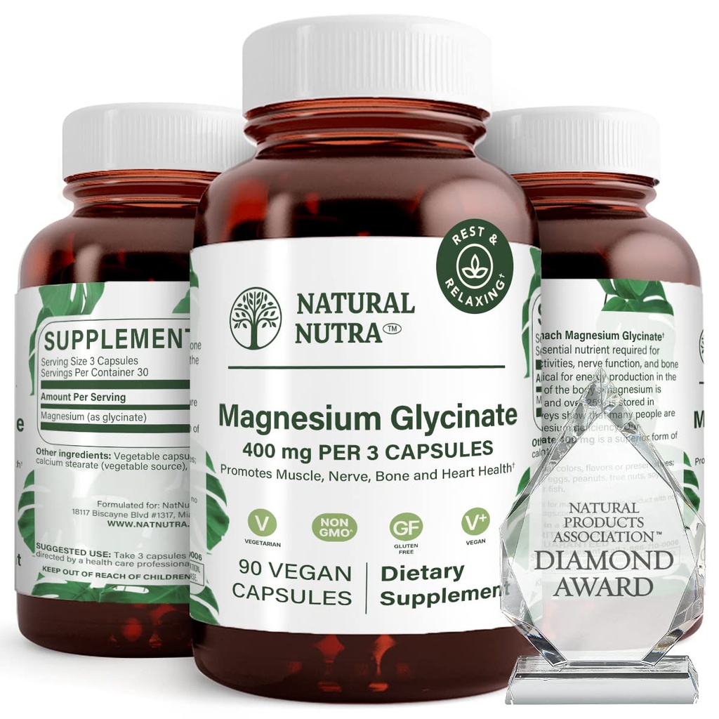 Natural Nutra Magnesium Glycinate 400 mg Supplement, fördert Herz-Kreislauf-Gesundheit, Vegan, hilft Knochengesundheit, Soja frei, 90 Kapseln