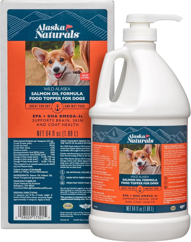 Alaska Naturals Wild Alaskan Salmon Fish Oil Supplemento per Cani Pelle e Cappotto con EPA DHA Omega 3 acidi grassi Liquid Food Topper 64 oz. Pompa