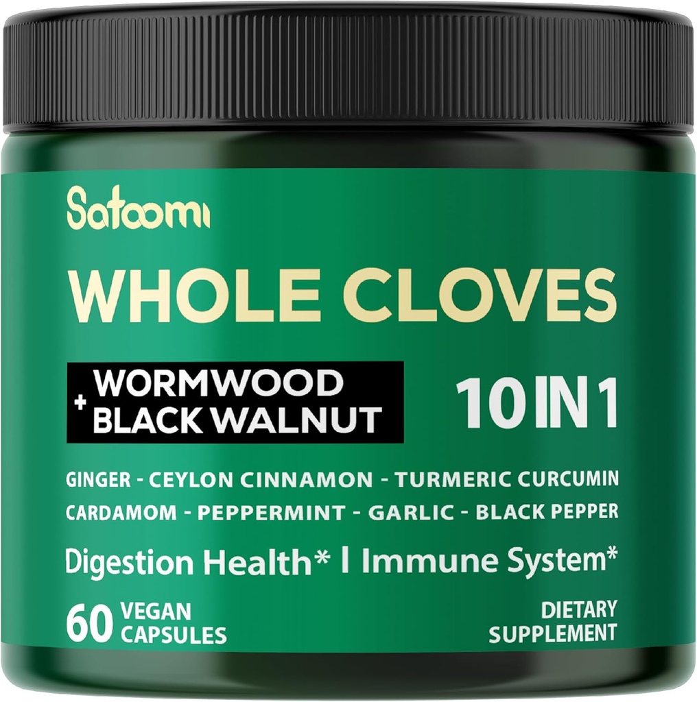 Satoomi 10in1 Clove Supplement Reich an Vitaminen & Mineralien für Verdauungs-, Immunsystem, Knochen & Herz Gesundheit mit Wormwood, Black Walnut, Cinnamon, Turmeric, Ginger, Cardamom - 60 Kapseln