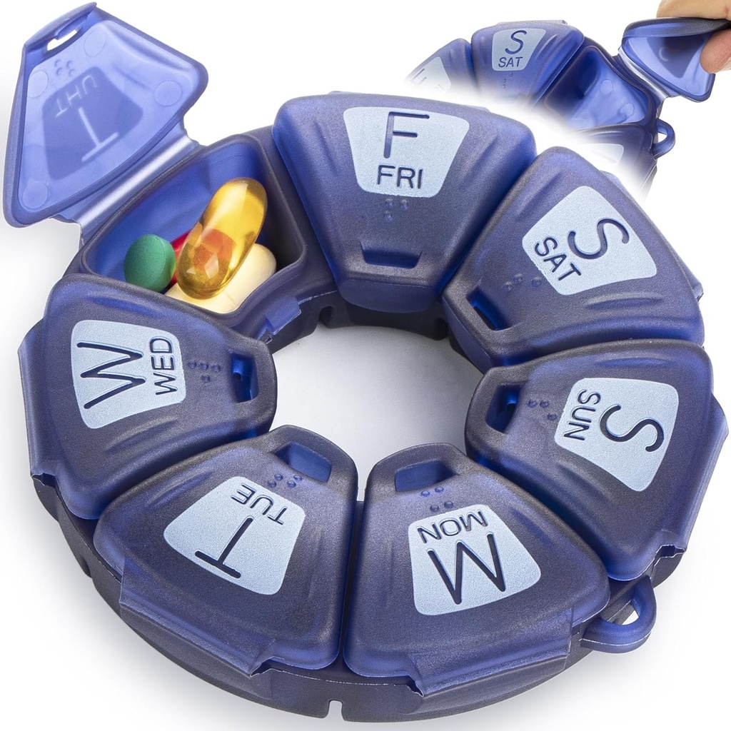 Runde Wöchentliche Pille Organizer, TPU Belagisiert, Reise-Pille Container 7 Tag, mit 7 großen Komponenten, Groß für tägliche Vitamine und Ergänzungen, niedliche Pille Fall mit großen Buchstaben und Braille (blau)