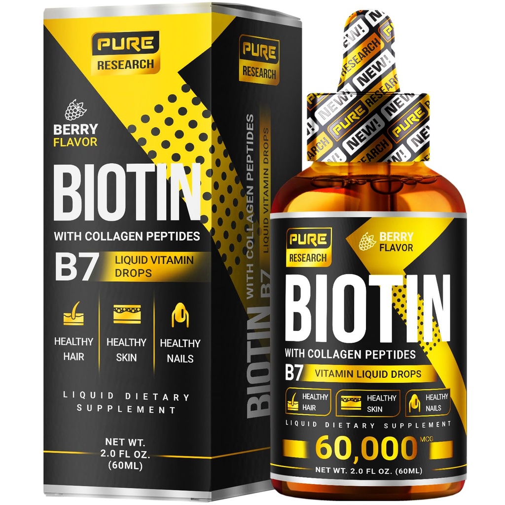 Liquid Biotin & Collagen Hair Growth Drops 60.000mcg - Biotin und Liquid Collagen Supplement für Männer & Frauen - Glowing Skin Support, Gesundes Haar & Nagelwachstum - 2oz