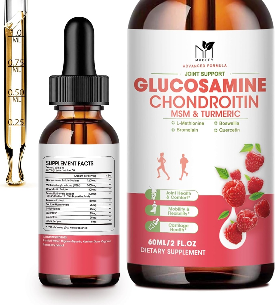 Glucosamine Chondroïtine MSM Liquid Drops-w/ Turmeric Boswellia Quercetin Bromelain-Vegan, Antioxydant Support pour le dos, le genou, les poignées-supplément de soutien conjoint soutient les articulations saines, la mobilité et le cartilage