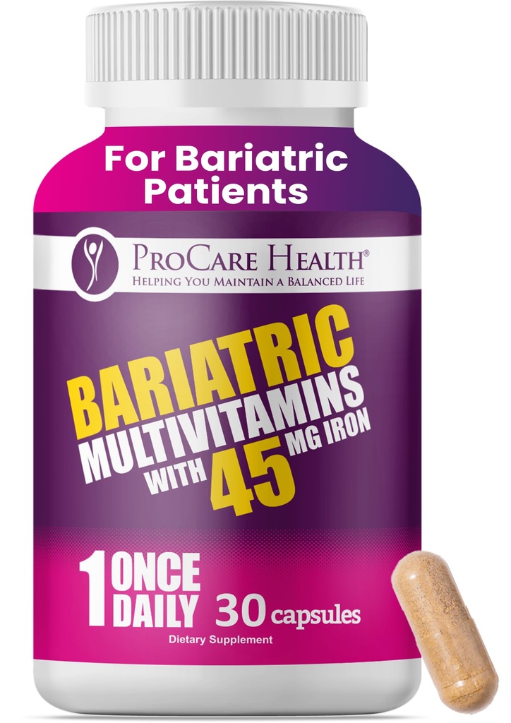 ProCare Health Bariatric Multivitamin mit 45mg Eisen (30 einfach zu schlucken Kapseln) - Einmal täglich Post-Op-Unterstützung für Magen Bypass &amp; Sleeve mit 1 Monat Versorgung, keine künstlichen Farben, Gluten-frei