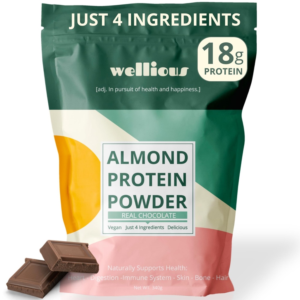 Polvere proteica di mandorla abbondante (Chocolate) - 18 grammi di proteina vegana più sana per le donne e gli uomini - Polvere proteica perfetta senza glutine, senza soia e liscia per la nutrizione sportiva