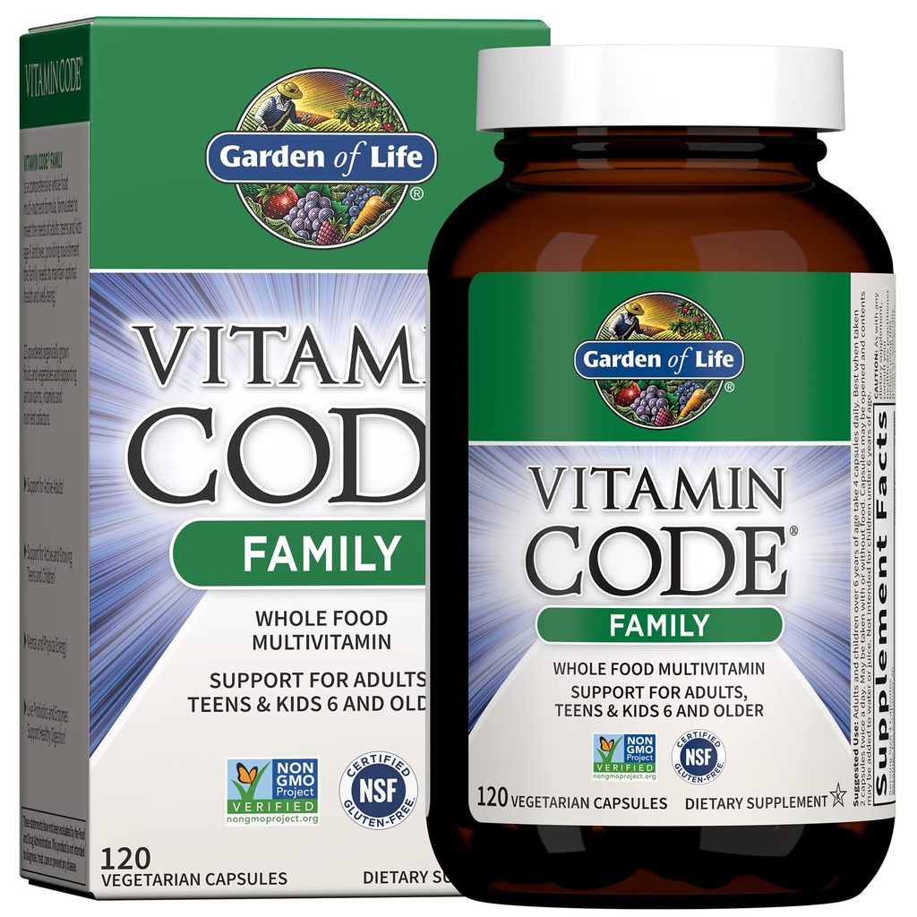 Giardino della vita Multivitaminico per le donne, uomini e bambini Età 6 e superiore, Vitamina Codice Famiglia Multi - 120 capsule vegetariane, Vitamine di cibo intero, Miscela alimentare & Probiotici, Integratori alimentari senza glutine