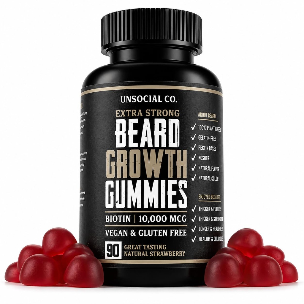 Unsocial Co. Extra Strong Bart Wachstum Vitamine Gummis | Biotin 10000 MCG | Fördert starkes und dickes Gesichtshaarwachstum für Männer | Bart Gummis für Männer | Erdbeere
