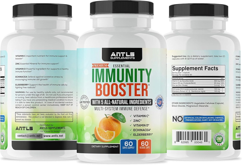 Immunity Supplement,Vitamin C,D3,Zinc,Elderberry,Echinacea Capsules