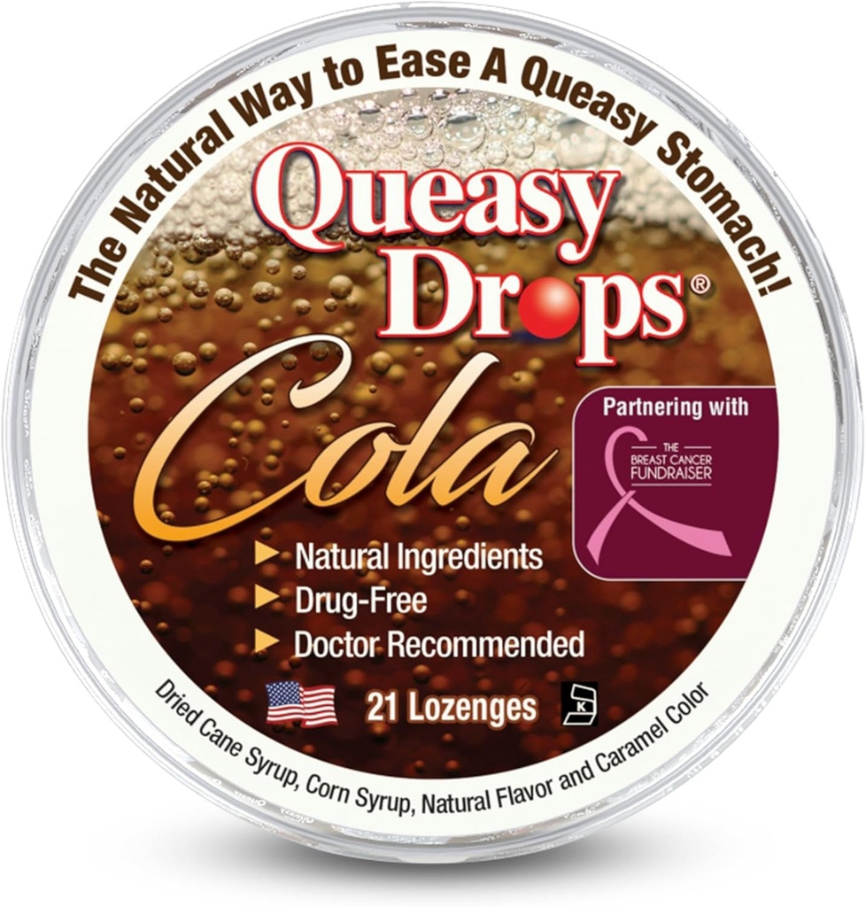Drei Lollies Queasy Tropfen - Cola Flavor - Relief von Übelkeit & Reise Krankheit, Beruhigt einen trockenen Mund & Settles Stomach - natürliche Zutaten - 21 ct