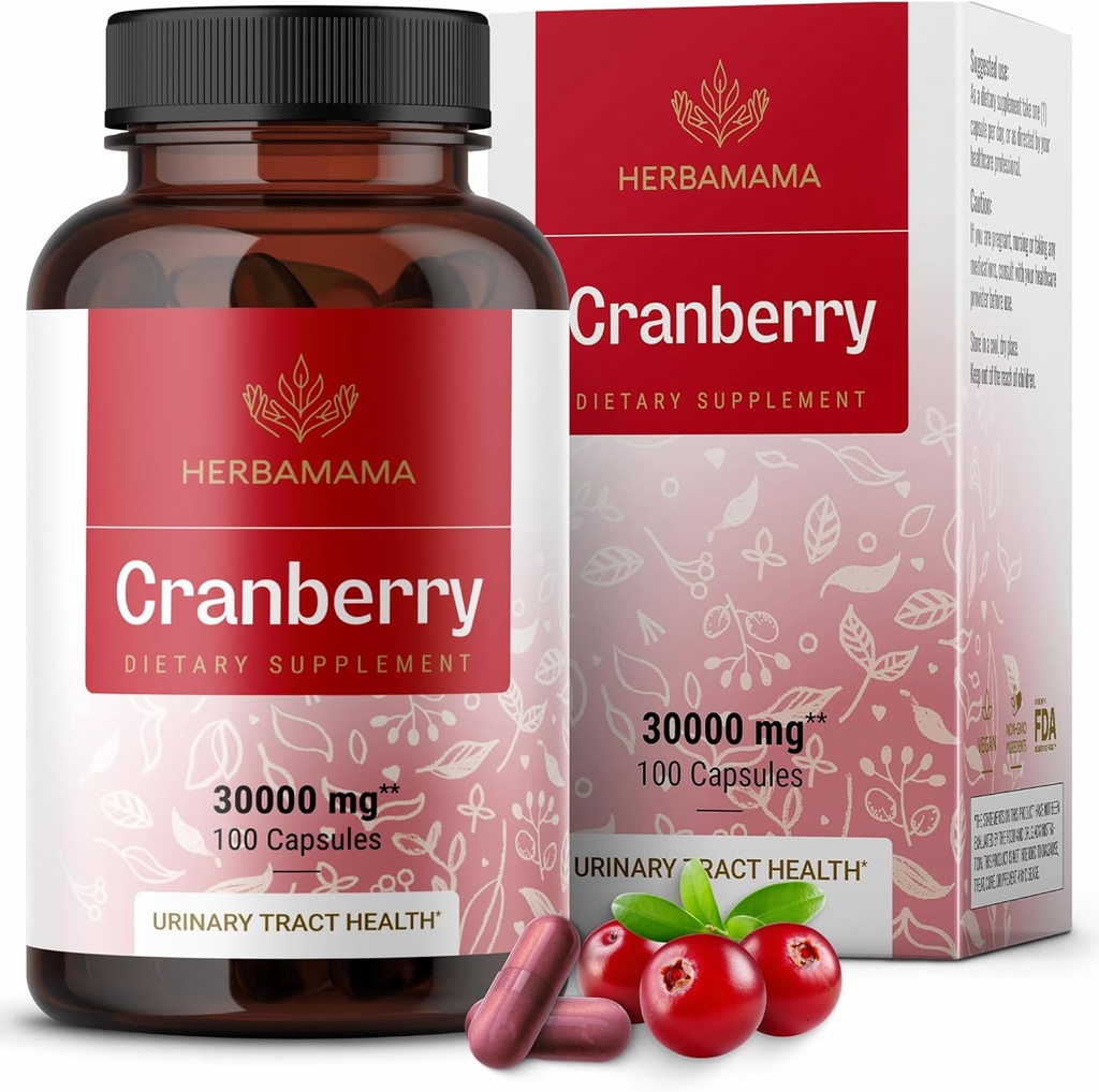 HerbAMAMA Capsules d'extrait de canneberge - 30 000 mg Poudre de canneberge pour le soutien du trac urinaire - Vegan, Supplément de soutien non-OGM Bladder, 100 capsules