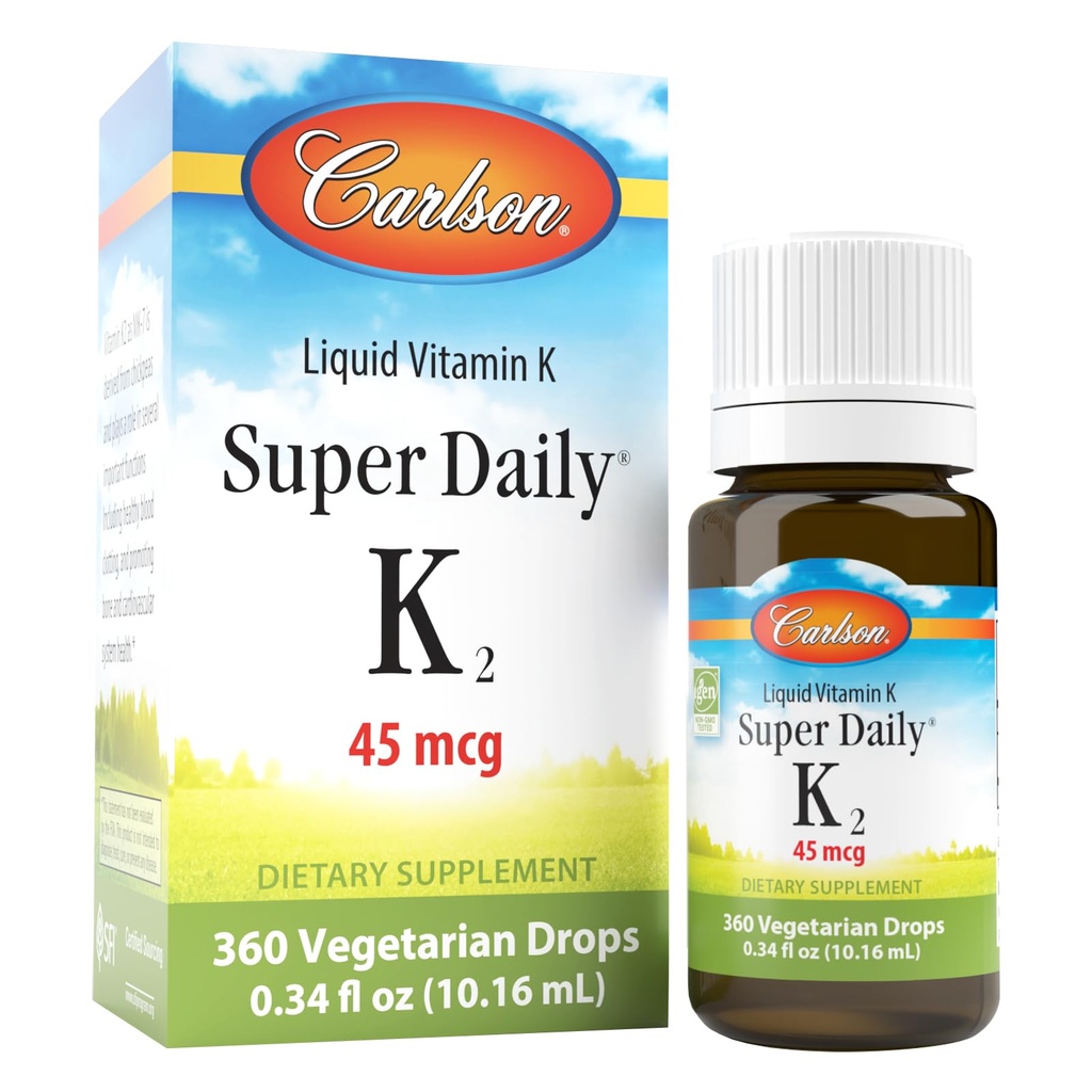 Carlson - Super Daily K2, 45 mcg Liquid Vitamin K, Bone Health, K2 Vitamin, Vitamina K Supplemento, Vitamina K-2 MK7, Unflavored, 360 Gocce (10.16 mL)