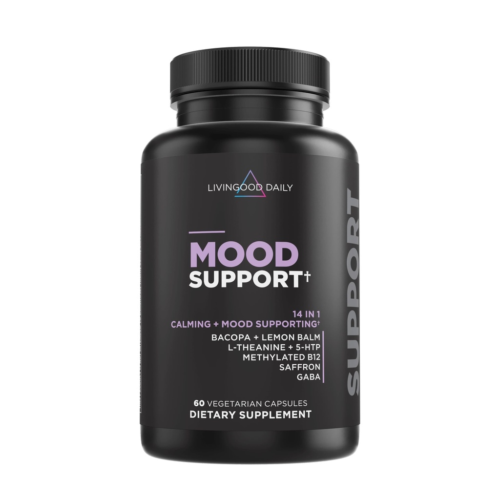 Livingood Daily Mood Support Supplement für Damen und Herren, 14-in-1 Formel mit L Theanine, Lemon Balm, GABA, Saffron, 5-HTP & B12, unterstützt Fokus & Emotional Wellness, Glutenfrei, Vegan, 60 Kapseln