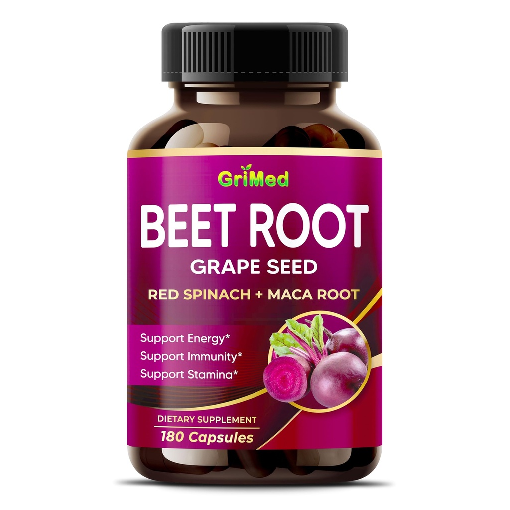 GriMed Beet Root mit Grape Seed Extract, Maca Root, Red Spinach & Ashwagandha – 180 Gemüsekapseln