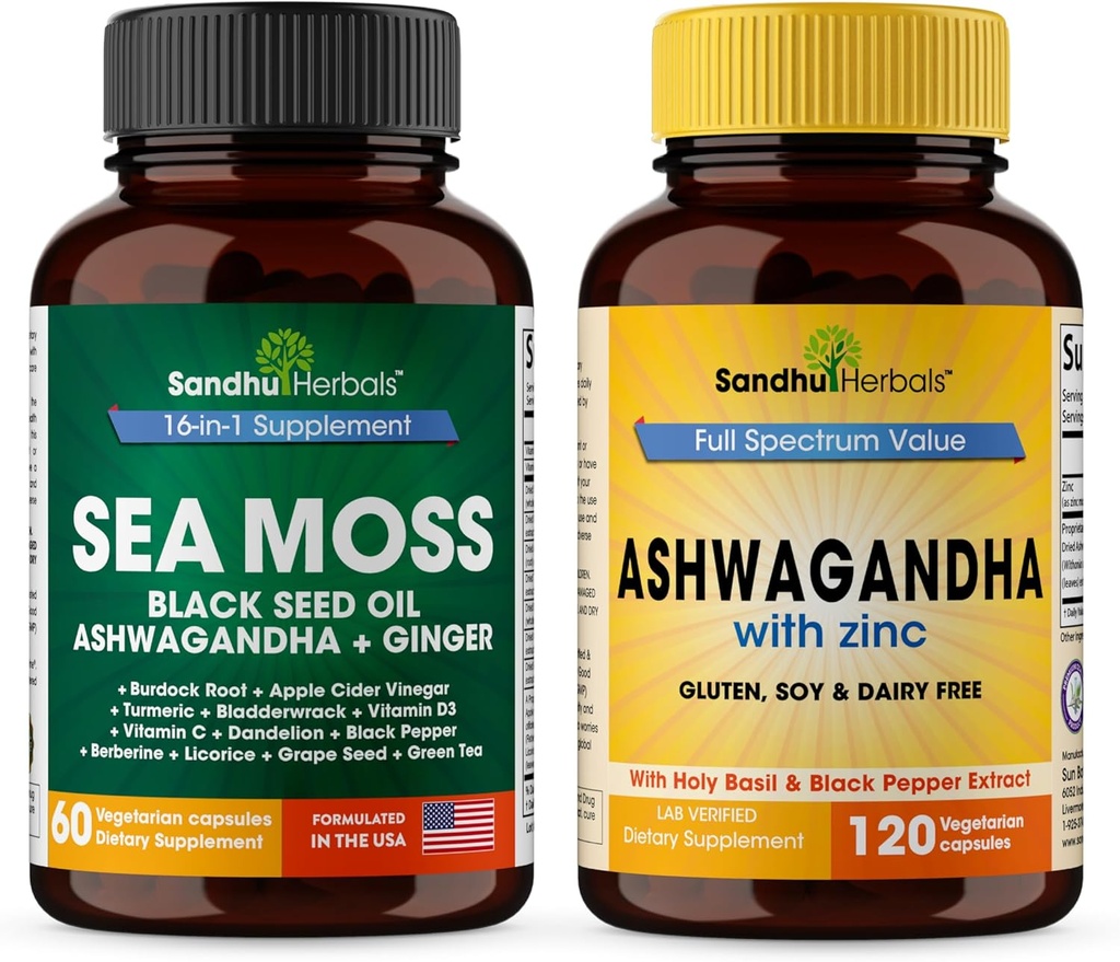 SANDHUHERBALS Sandhu Herbals Sea Moss 16 in 1 Supplemento & 4 in 1 Ashwagandha Supplement| Supporta la salute immunitaria &amp; benessere generale