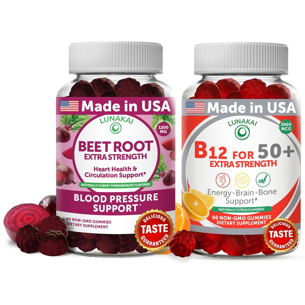 Lunakai Beet Root und Vitamin B12 Gummi für Erwachsene 50 Plus Bundle Proprietäre Antioxidante Mischung - Herz & Zirkulation Unterstützung, Energie & Vitalität Boost, hohe Stärke